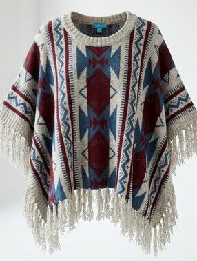 Aztec Fringe Knit Poncho Boho Artsy Sweater Western Yellowstone Style Sz. OS